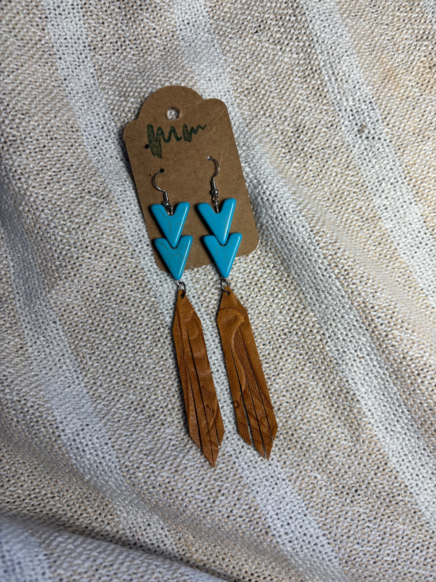 turquoise and light brown leather earrings