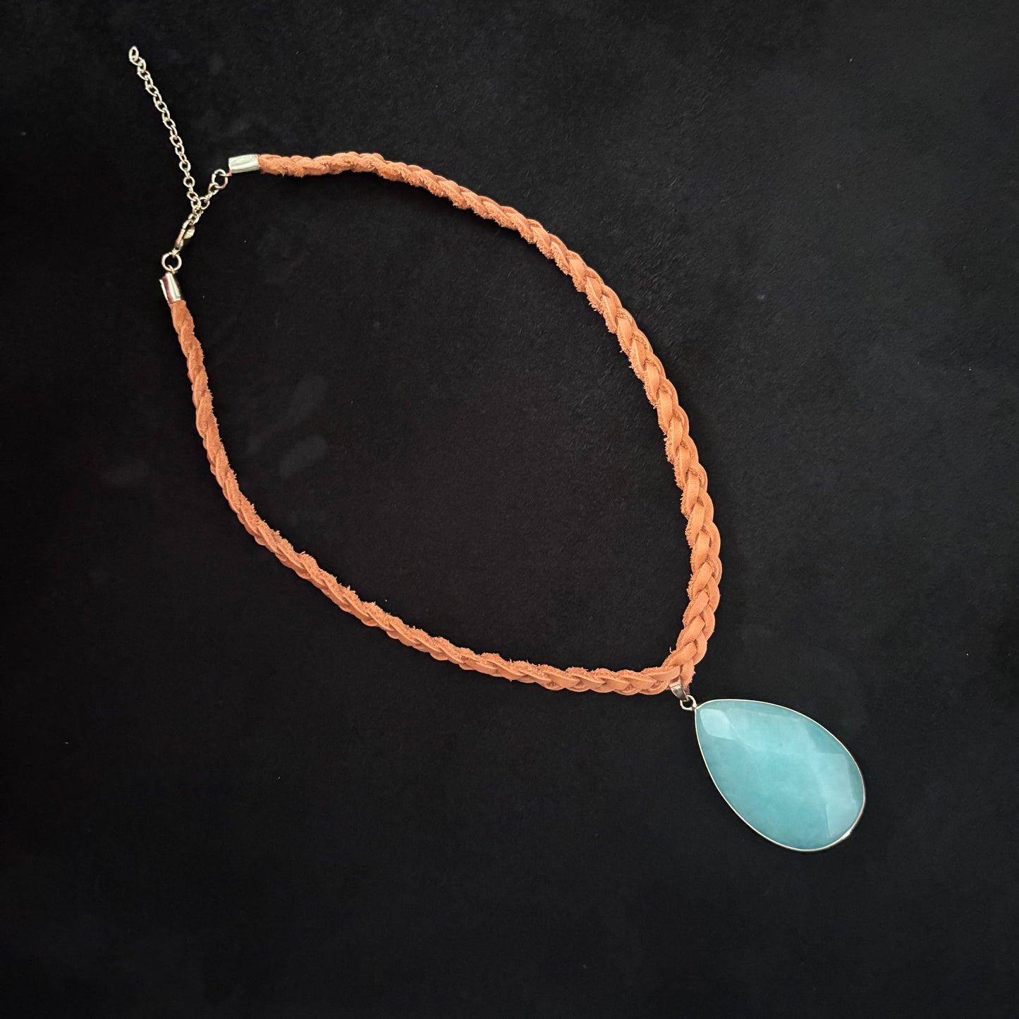burnt orange leather necklace with beautiful blue teardrop gemstone pendant