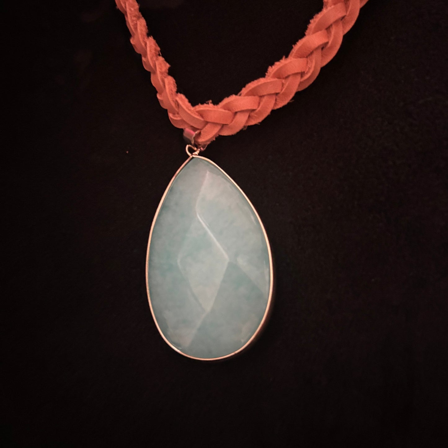 burnt orange leather necklace with beautiful blue teardrop gemstone pendant