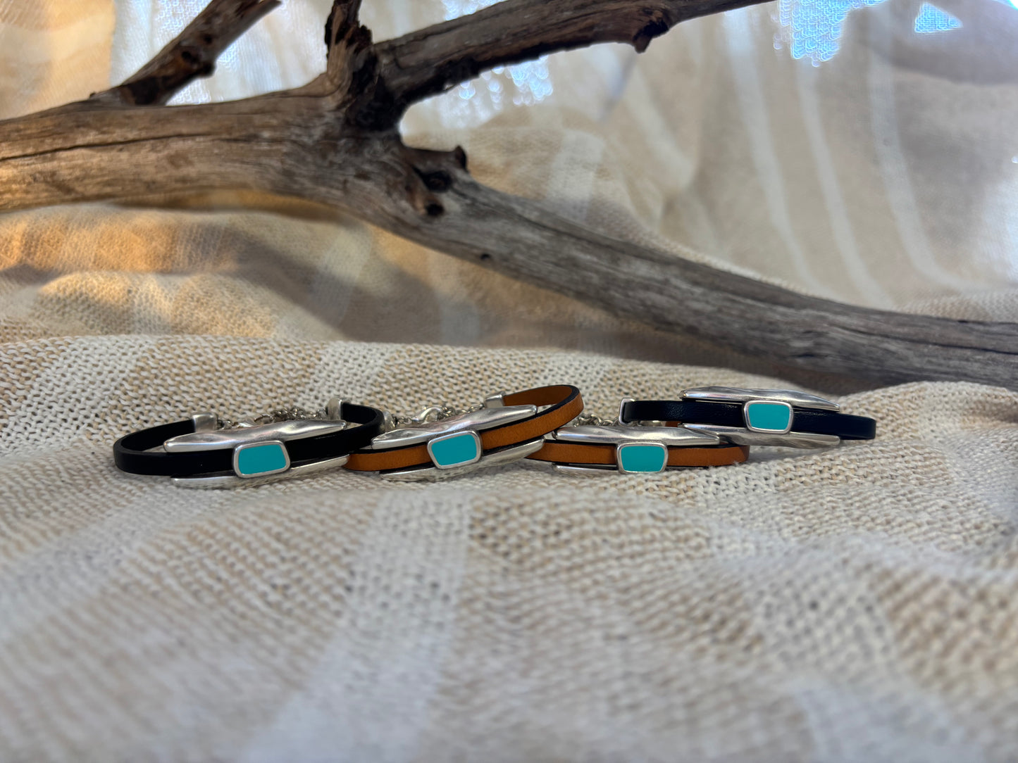 women's leather bracelet with turquoise epoxy slider