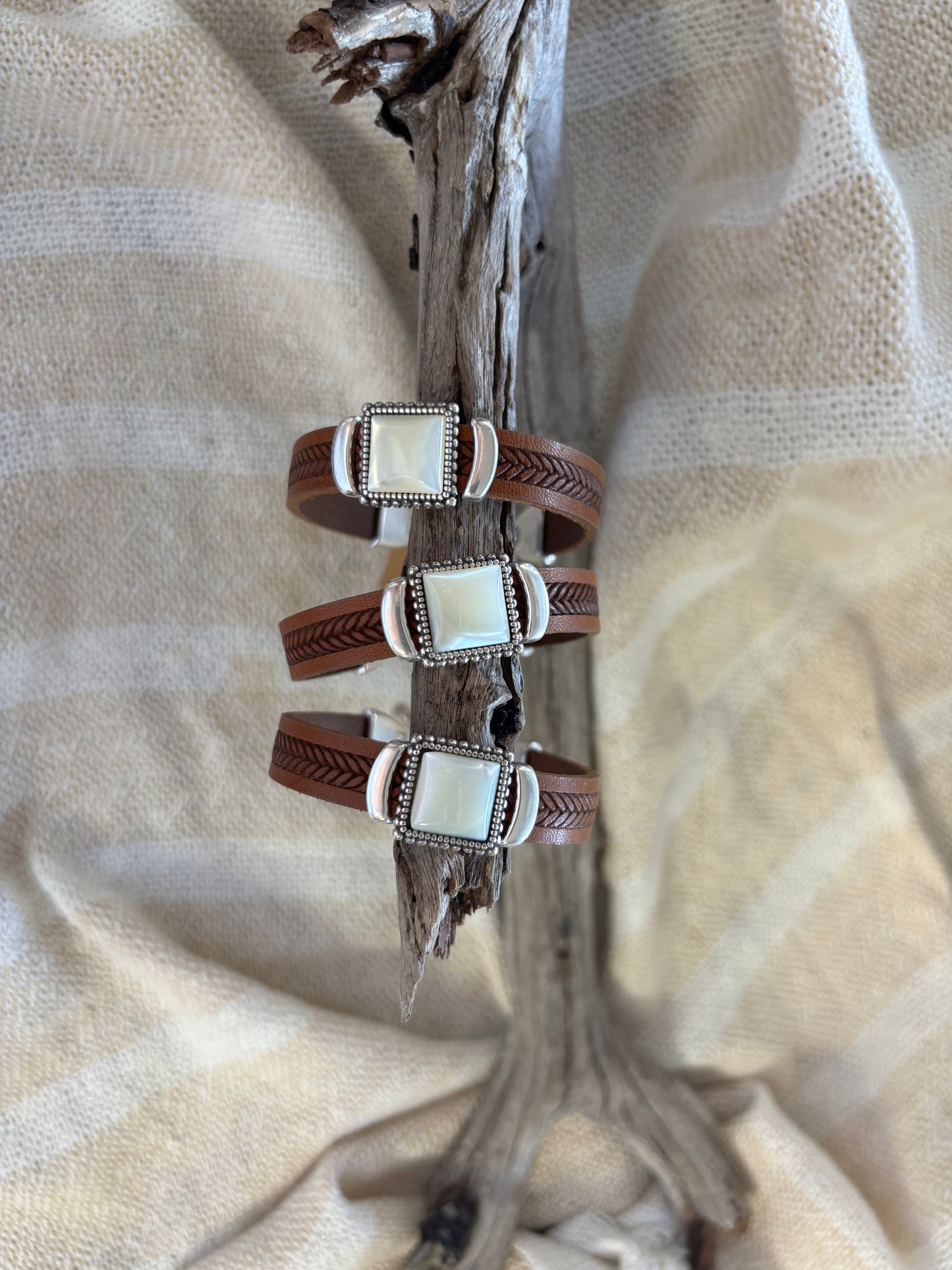 women's leather bracelet with silver and white slider