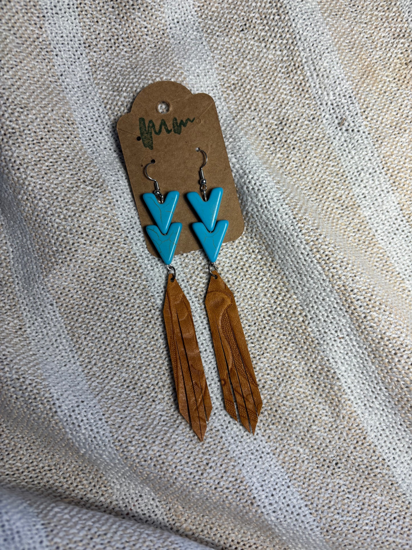 turquoise and light brown leather earrings