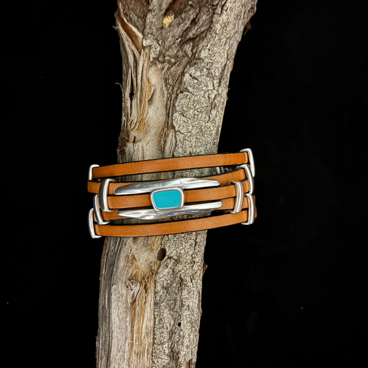 leather bracelet with silver and turquoise sliders