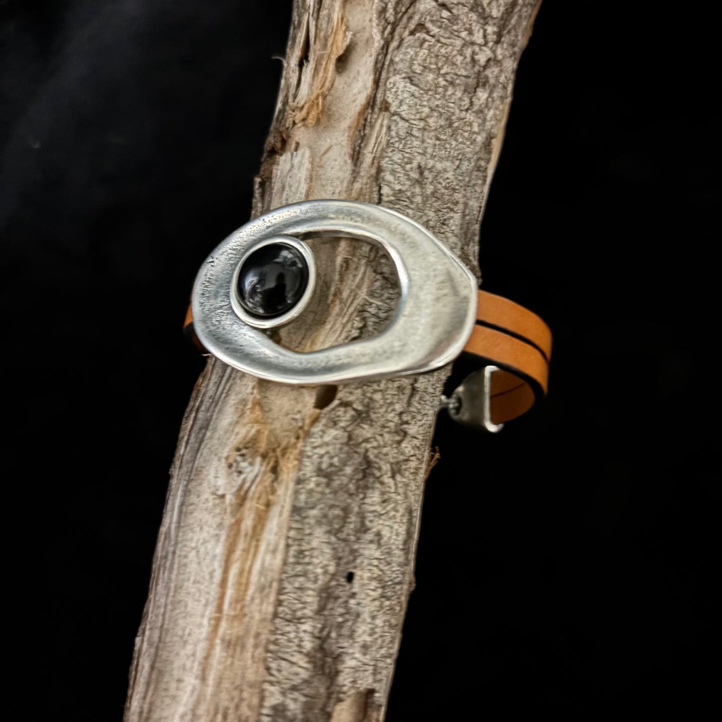 women's leather bracelet with onyx on antique silver